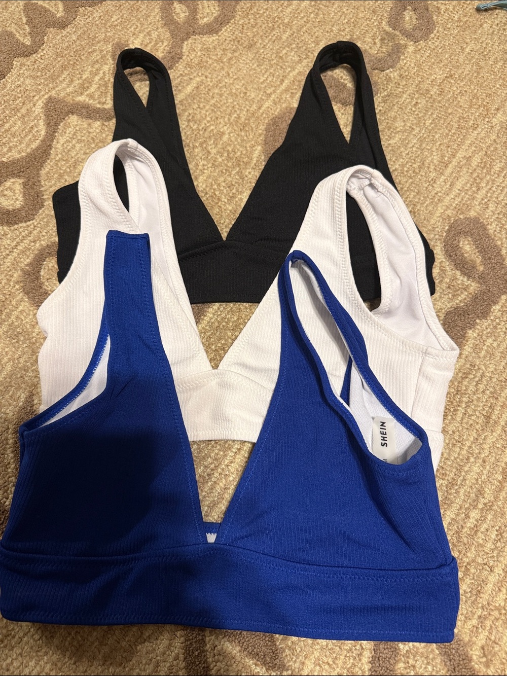 SHEIN Women’s V-Neck Ribbed Bralette - Black, White,blue swim tops